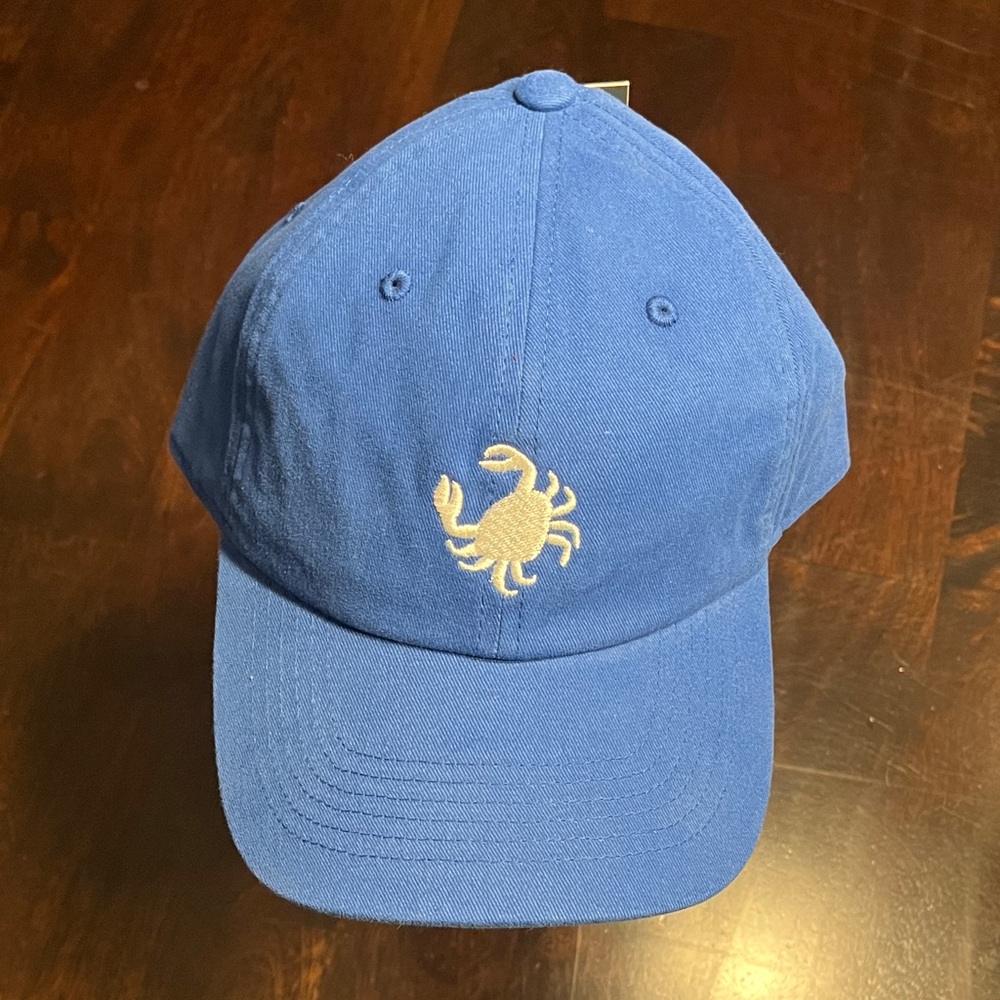 NWT Blue Cap, Embroidered White Crab on front & “Out Here Chillin’” on back